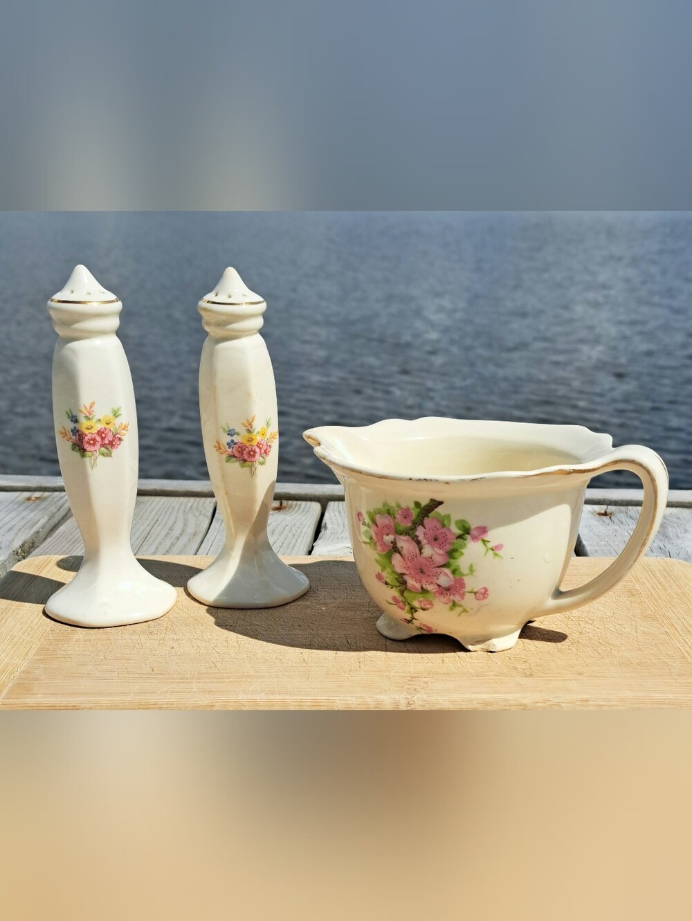 Vintage 1940s Floral Ceramic Salt & Pepper Shakers And Footed Creamer Set
